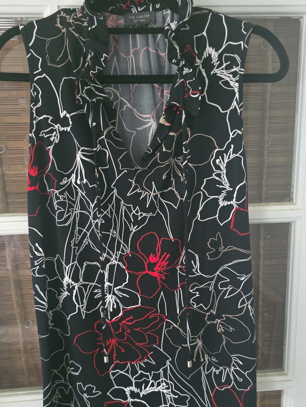 The Limited Black Floral Sleeveless Ruffle-Neck Dress with Red & White Accents